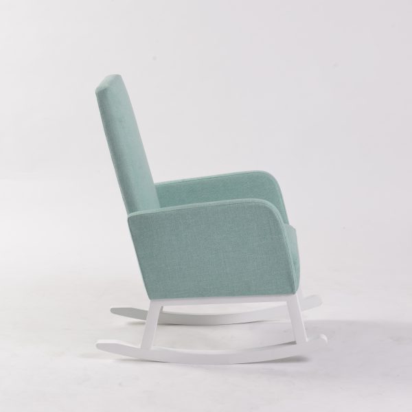 High Back Nursery Rocking Chair Side View Side view of aqua high back nursery rocking chair with white wooden base