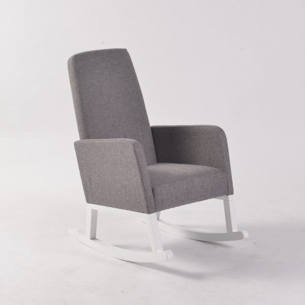 High Back Nursery Rocking Chair Gray Front Angle Gray upholstered high back nursery rocking chair with white rocker base