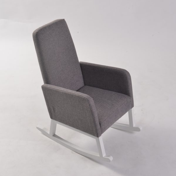 High Back Nursery Rocking Chair Gray Angle View Gray high back nursery rocking chair with padded armrests and wooden rocking runners