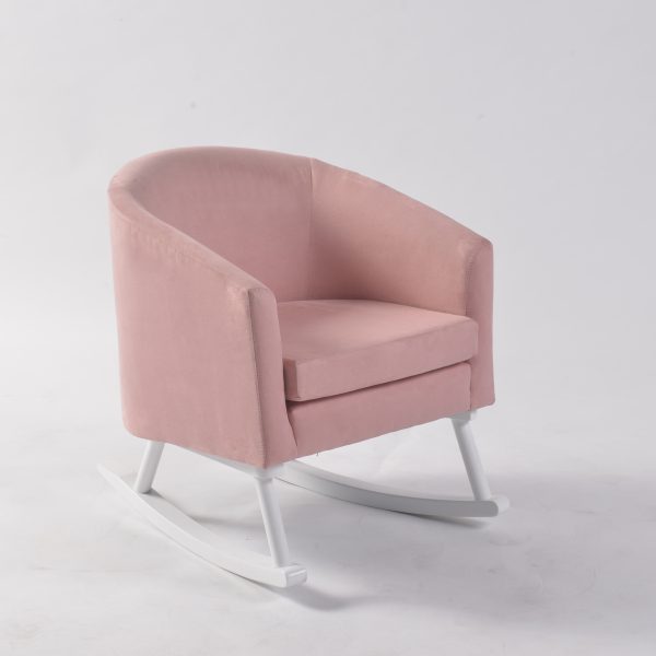 Pink Upholstered Children’s Rocking Chair Pink upholstered children’s rocking chair viewed from above