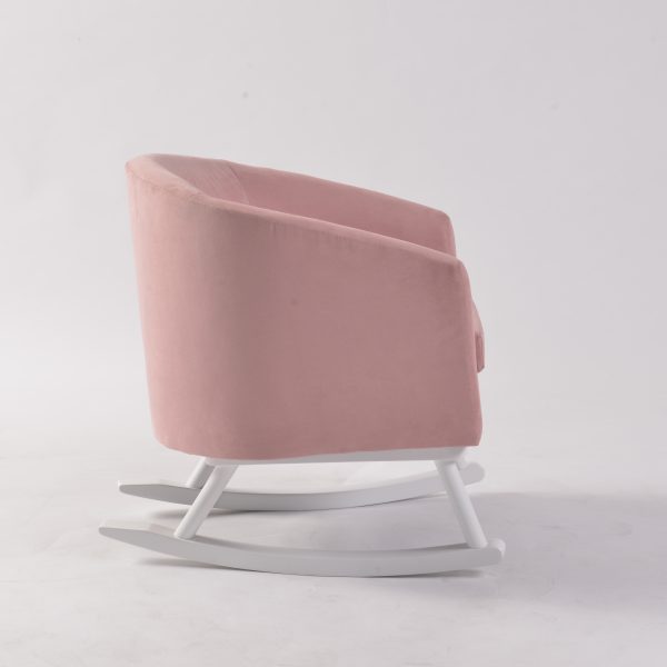 Pink Kids Rocking Chair Angled View Pink kids rocking chair with curved backrest and padded seat