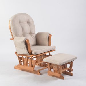 Wooden Nursery Glider Chair Front View Wooden nursery glider chair with tufted cushion and matching ottoman