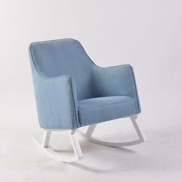 Blue Fabric Nursery Rocking Chair Blue upholstered nursery rocking chair with white wooden rocking base