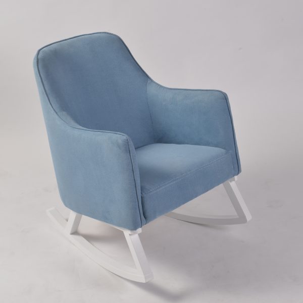 Modern Blue Nursery Rocker Modern blue nursery rocking chair with padded arms and curved wooden base