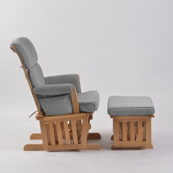 Wooden Glider Chair with Ottoman - Side View Side view of gray wooden glider chair with upholstered ottoman