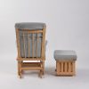Wooden Nursery Glider Chair - Back View Back view of natural wood nursery glider chair with gray upholstery