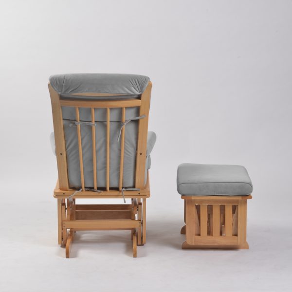 Wooden Nursery Glider Chair - Back View Back view of natural wood nursery glider chair with gray upholstery