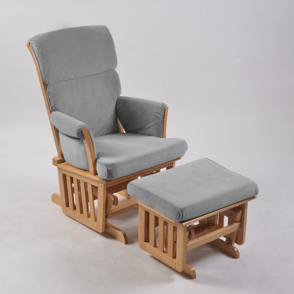 Nursery Glider Chair with Ottoman - Gray Natural wood nursery glider chair with gray cushions and ottoman