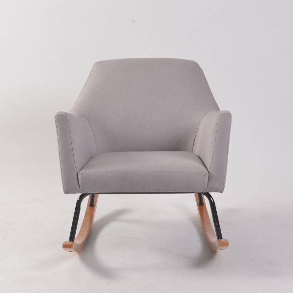 Modern Nursery Rocking Chair Front View Modern nursery rocking chair with light gray upholstery and wood rocker base