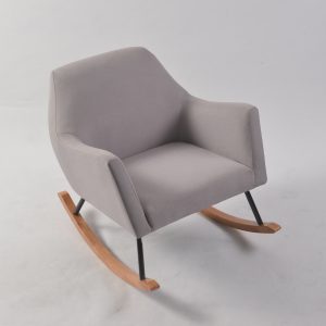 Light gray modern nursery rocking chair with curved armrests