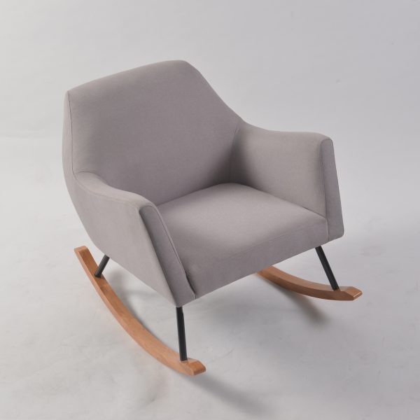 Upholstered Modern Nursery Rocking Chair Light gray modern nursery rocking chair with curved armrests
