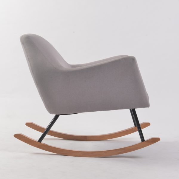 Modern Nursery Rocking Chair Side View Side view of upholstered modern nursery rocking chair with wood and metal base