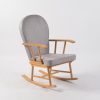 Grey Upholstered Wooden Nursery Rocking Chair Grey upholstered nursery rocking chair with natural wood frame