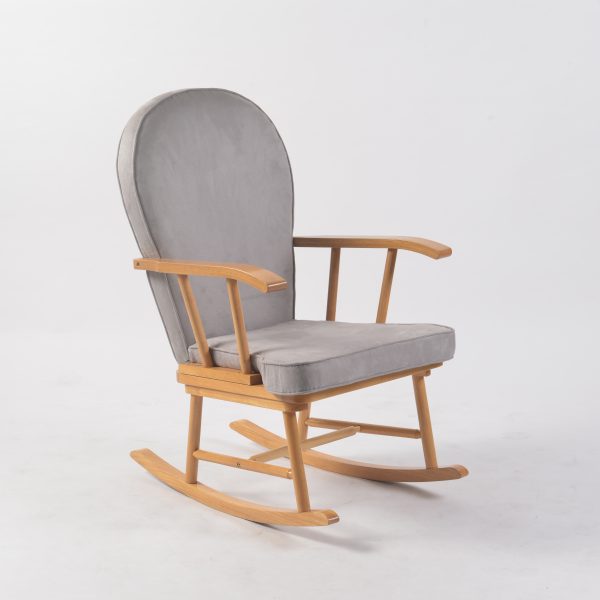 Grey Upholstered Wooden Nursery Rocking Chair Grey upholstered nursery rocking chair with natural wood frame