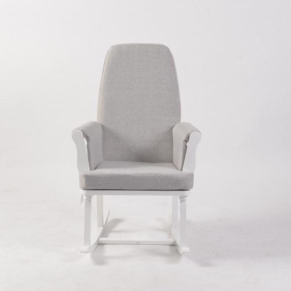 Nursing Glider Rocking Chair with grey upholstery and walnut wood frame
