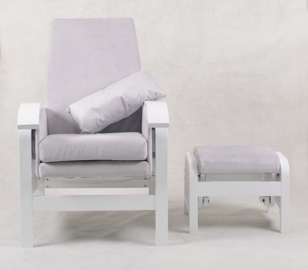 White nursery glider chair with ottoman and high upholstered back