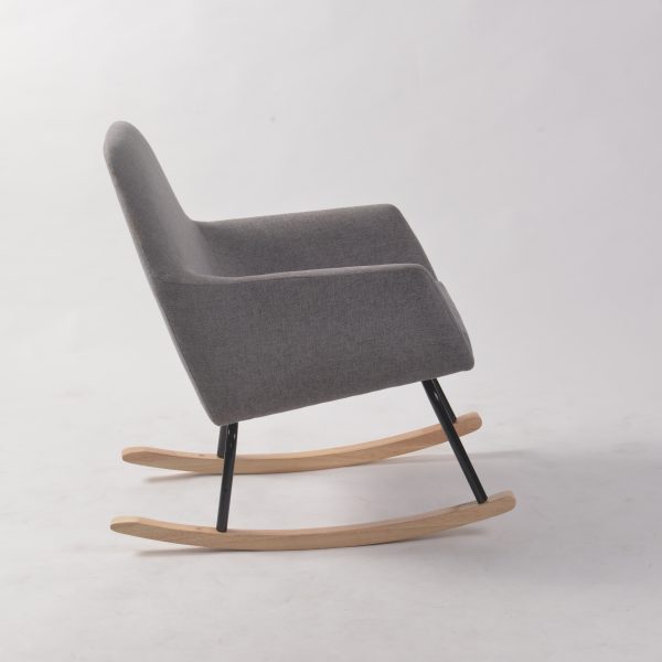 Modern Fabric Nursery Rocker Gray fabric nursery rocker with black metal frame and wooden rails