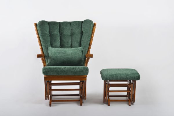 Wooden Glider Nursing Chair and Ottoman Front view of green wooden glider nursing chair with matching upholstered ottoman