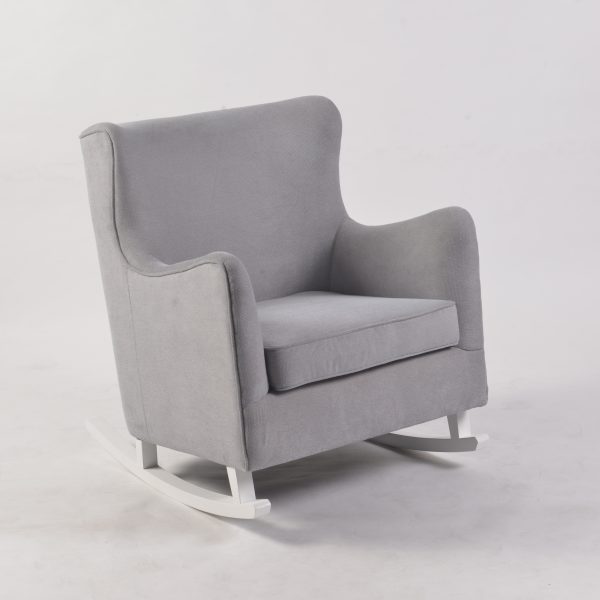 Gray Upholstered Nursery Rocking Chair Front view of gray upholstered nursery rocking chair with high backrest