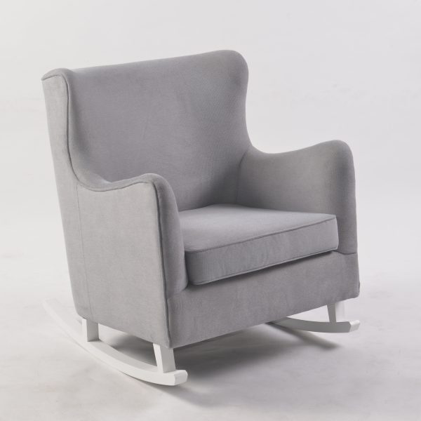 Wingback Nursery Rocking Chair Wingback nursery rocking chair with gray upholstery and white wooden base