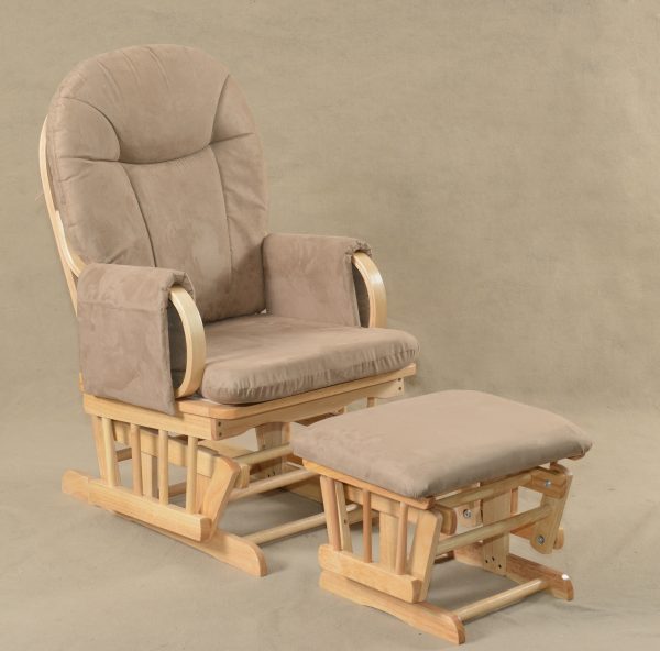 Brown upholstered arch back nursery glider chair with ottoman
