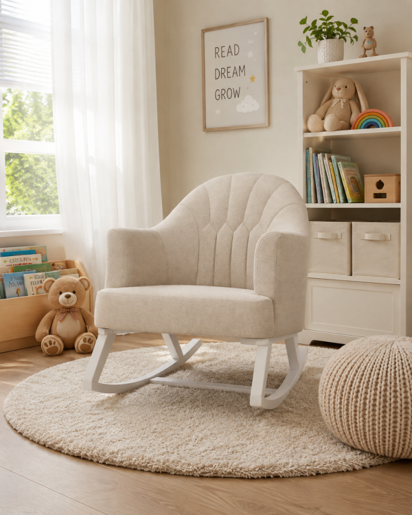 T6052 Upholstered Nursery Rocking Chair with Wooden Rocker Base
