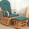 Natural Wood Nursery Glider Chair Natural wooden nursery glider chair with light green cushions and matching ottoman