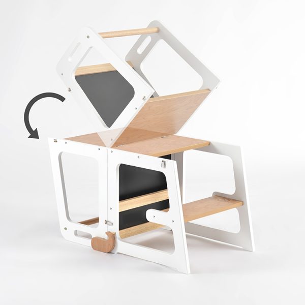 Learning Tower Converts into Kids Table Convertible learning tower transforming into a kids table and seating area