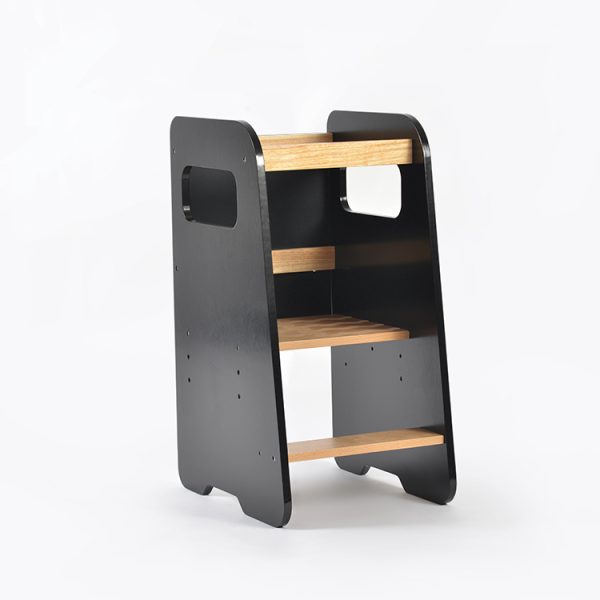 Black wooden learning tower for kids with adjustable standing platform