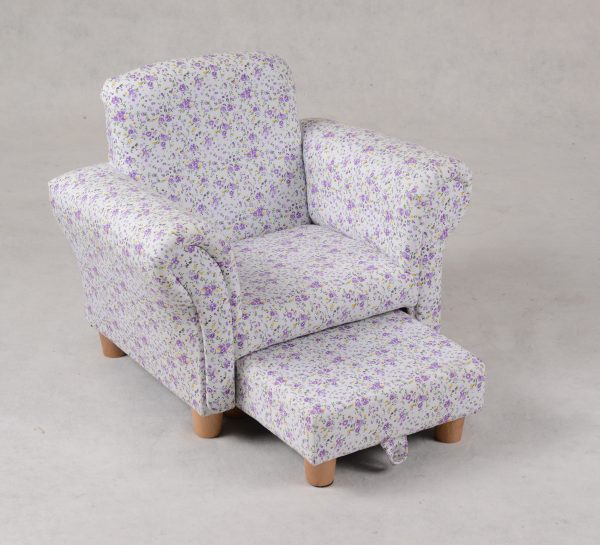 Kids Sofa and Ottoman Set – Floral Upholstered Armchair Floral kids sofa and matching footrest with soft upholstery and wooden legs