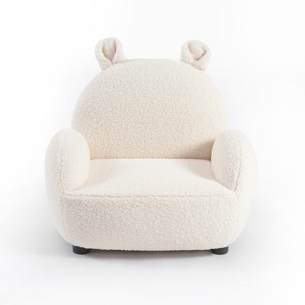 Cream bouclé kids sofa with rounded armrests and cute animal-ear backrest