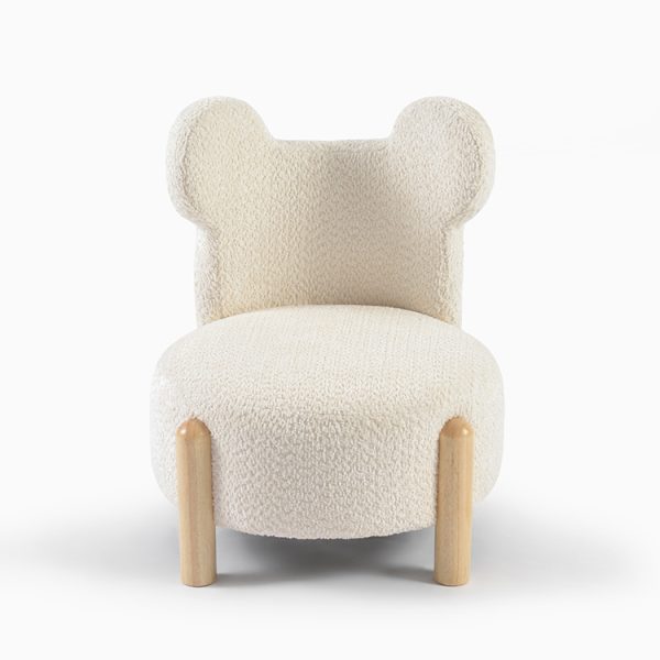 Mouse Ear Kids Chair – Front View Front view of cream mouse ear kids chair with soft upholstered seat and wooden legs