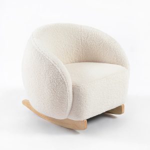 Bouclé Kids Rocking Chair Cream bouclé kids rocking chair with curved wooden rockers and wraparound backrest