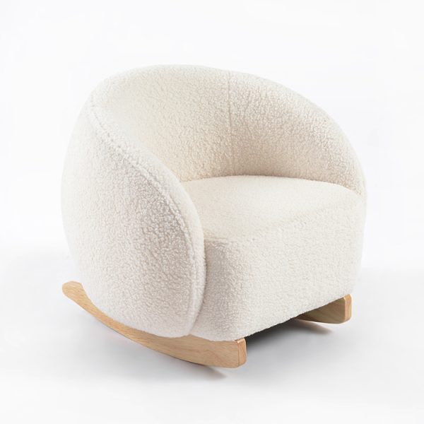 Cream bouclé kids rocking chair with curved wooden rockers and wraparound backrest