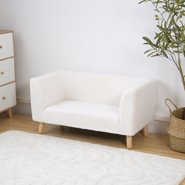 2-Seater Bouclé Kids Sofa with Wooden Legs