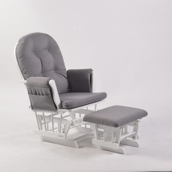 Grey Button Tufted Glider Chair with Ottoman and white frame