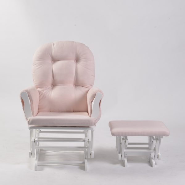 Pink Button Tufted Glider Chair with Ottoman showing padded arm cushions