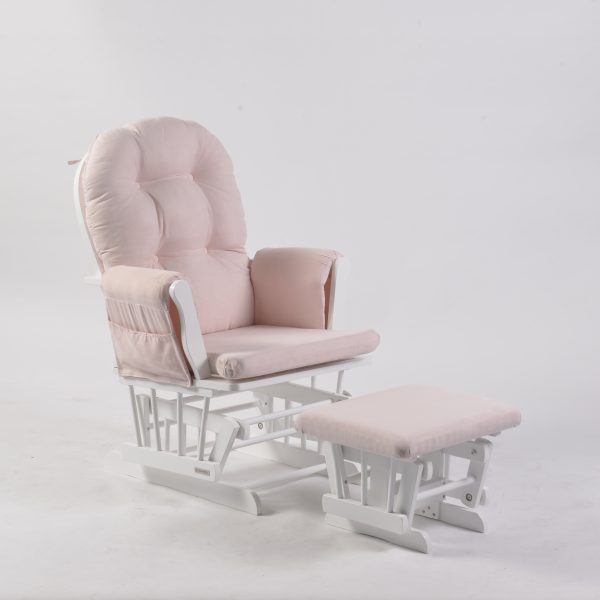 Pink Button Tufted Glider Chair with Ottoman and white frame